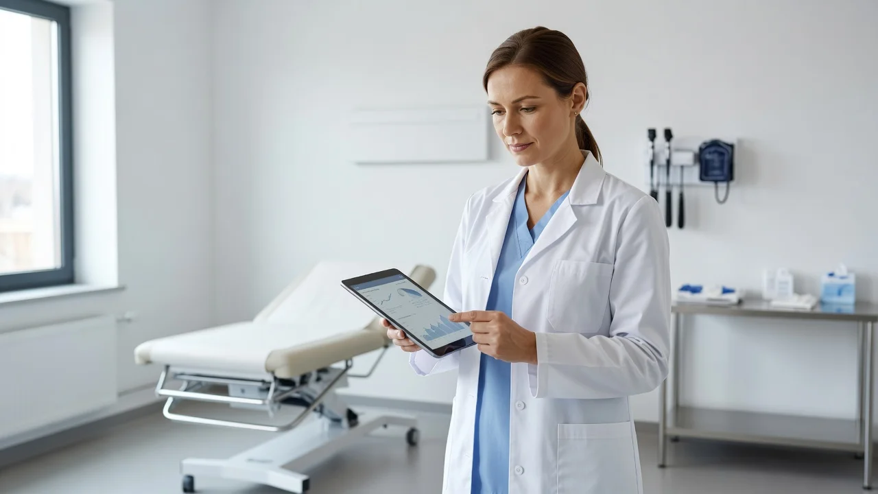 A doctor reviewing patient records on a tablet in a small practice exam room
