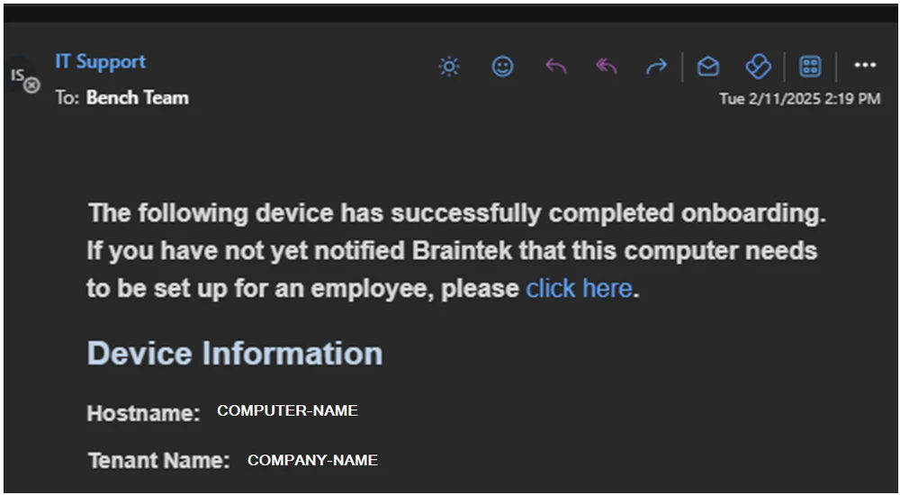 Setup completion confirmation email