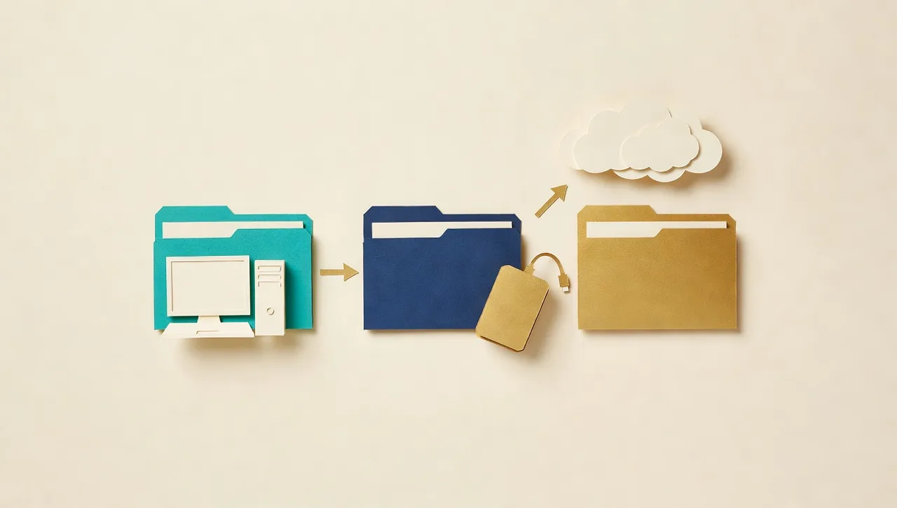 Cut paper craft collage of three folders flowing from a desktop computer to an external drive to a paper cloud, illustrating the 3-2-1 backup rule