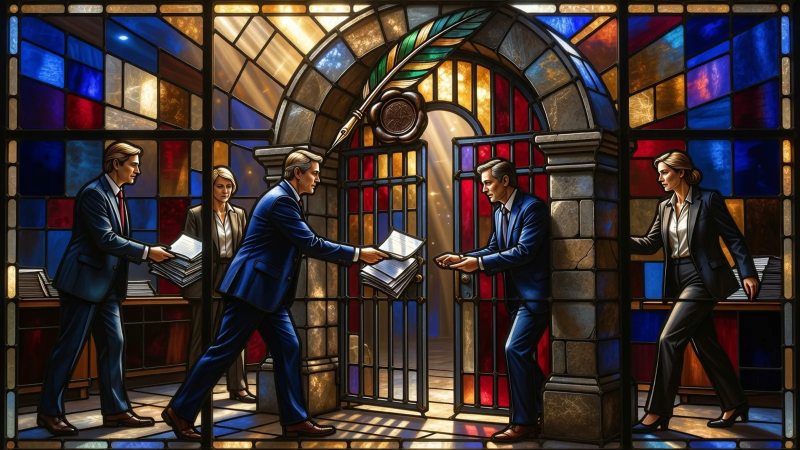 Stained glass window depicting office workers passing documents through a gated archway marked with a quill seal