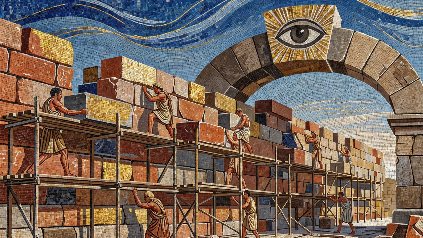 Mosaic tile artwork of workers on scaffolding while a fixed stone checkpoint arch inspects everything passing through