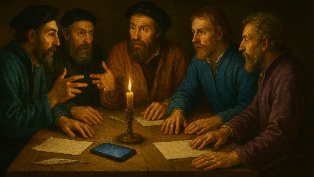 Renaissance style oil painting of five robed scholars debating around a candlelit table with a glowing tablet