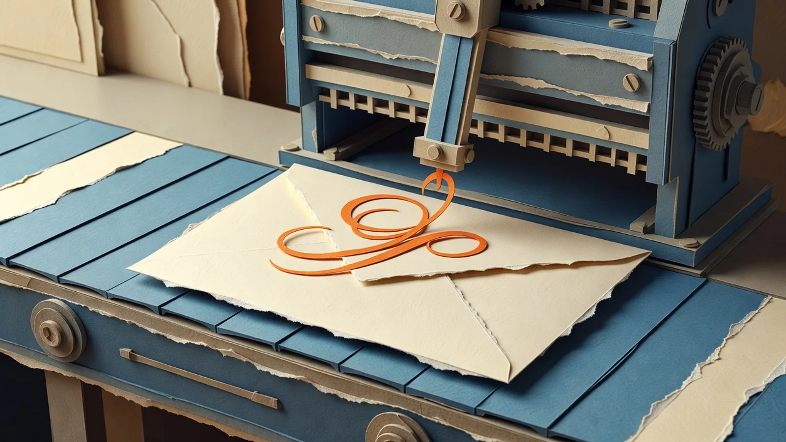 Paper collage illustration of an envelope passing through a stamping machine that presses a signature onto it