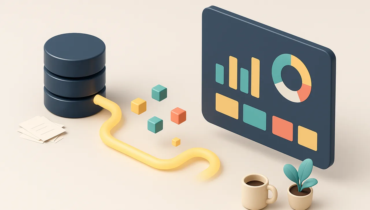 Isometric 3D illustration of data flowing from database cylinders through a golden pipe into a dashboard