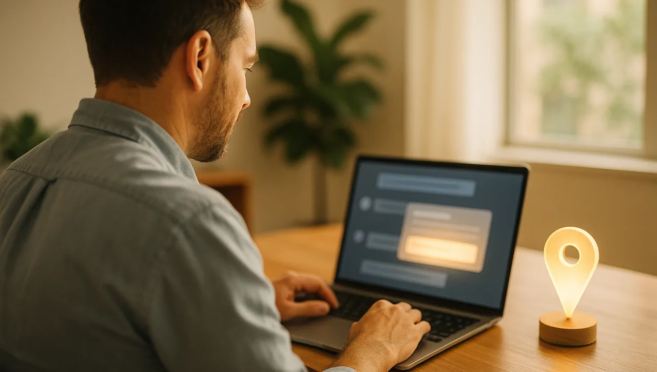 A business owner reads an AI chat answer on a laptop beside a glowing map pin on the desk