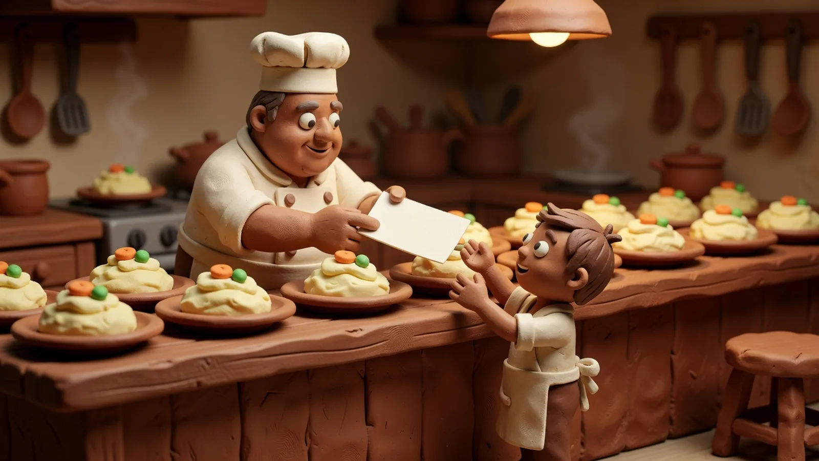 Claymation scene of a chef handing an apprentice a recipe card while identical dishes line the counter