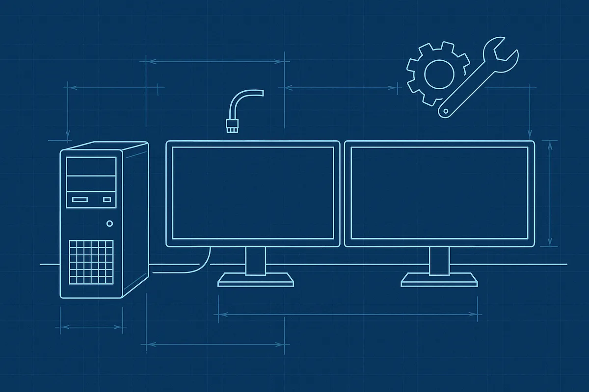 Blueprint style line drawing of a dual monitor CAD workstation with dimension lines, a gear, and a wrench