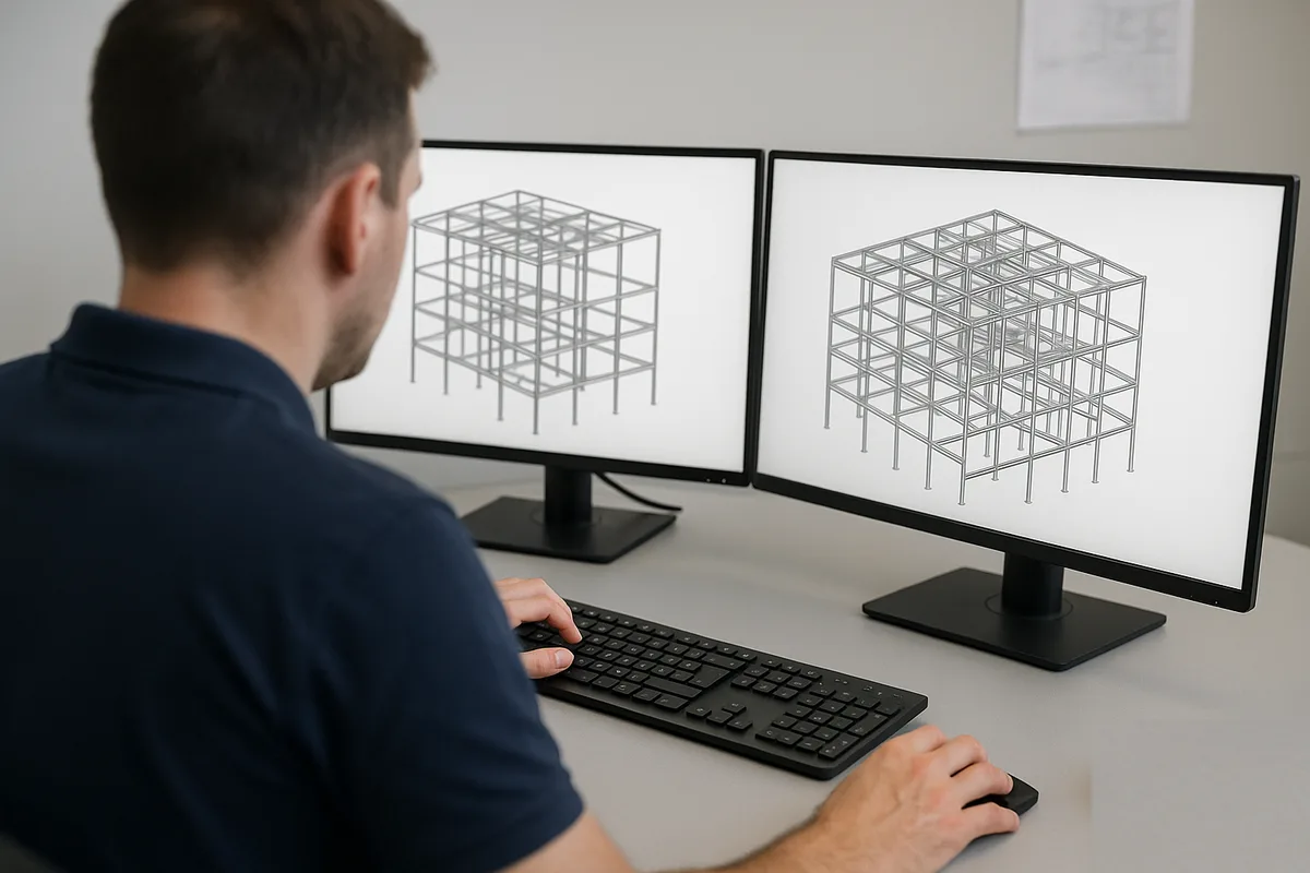 An engineer works at a dual monitor CAD workstation showing a 3D structural wireframe model, seen from over their shoulder