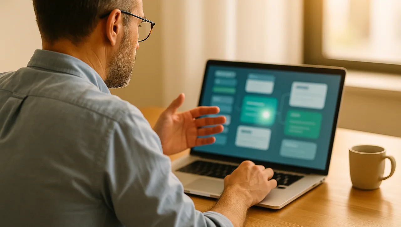 A business owner describes an app out loud while interface blocks assemble on his laptop screen
