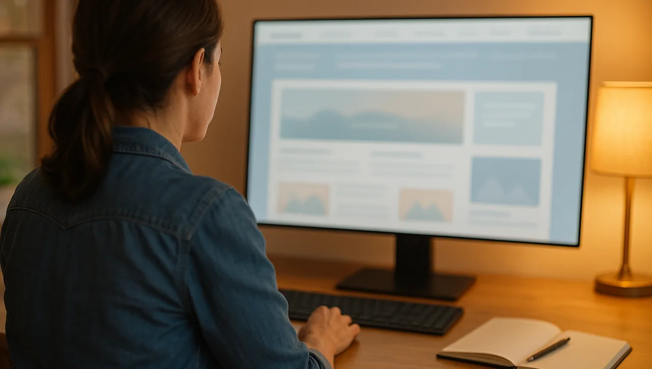 A woman works on a website layout shown on a monitor at her home office desk