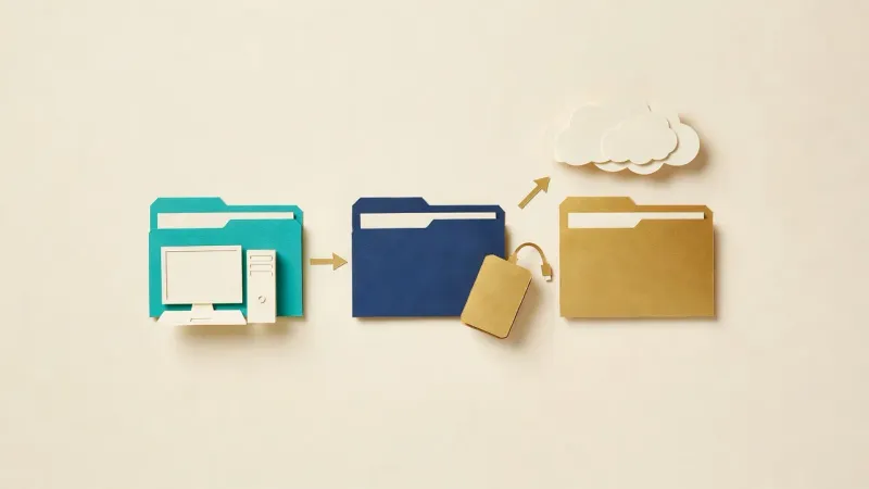Cut paper craft collage of folders flowing from a desktop computer to an external drive to a paper cloud