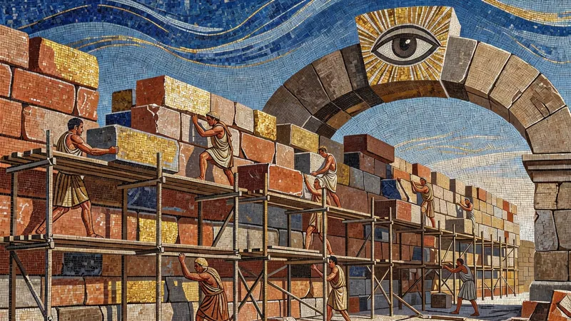 Mosaic of builders on scaffolding with blocks passing under a stone checkpoint arch