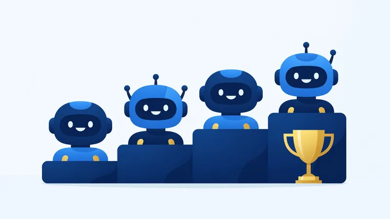 AI assistants compared, Copilot ChatGPT Claude Gemini and Grok as robots lined up with a trophy