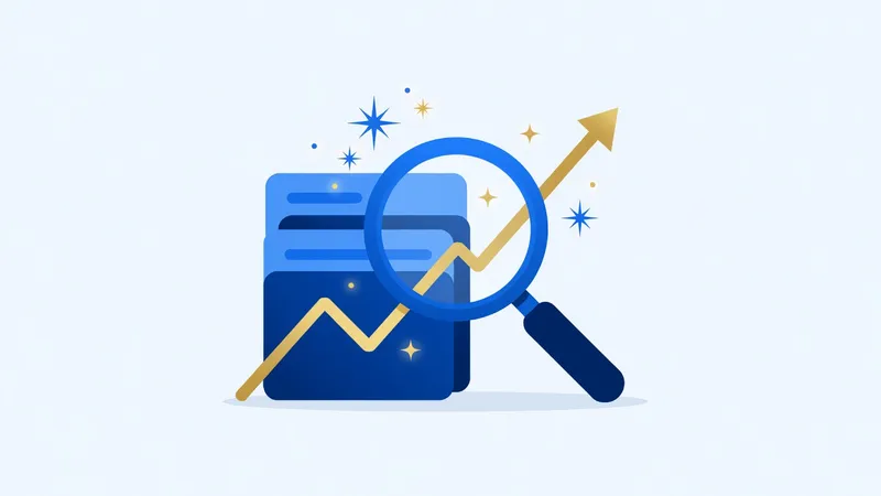 AI search marketing and GEO, magnifying glass over search results with a rising chart
