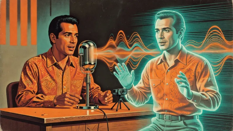Retro-futurist illustration of a man at a microphone beside his own holographic duplicate