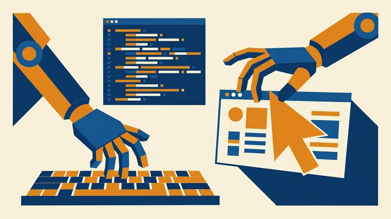 Bauhaus poster illustration of one robotic arm typing code while a second arm tests a browser window