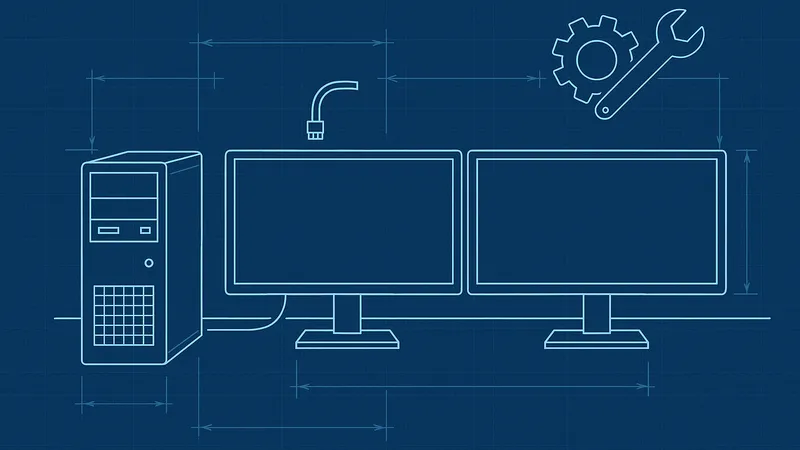 Blueprint style line drawing of a dual monitor CAD workstation with dimension lines, a gear, and a wrench