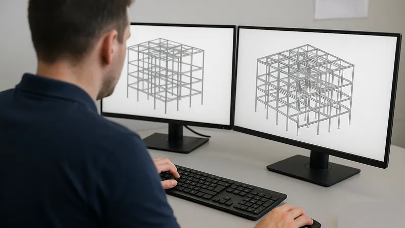 An engineer works at a dual monitor CAD workstation showing a 3D structural wireframe model, seen from over their shoulder