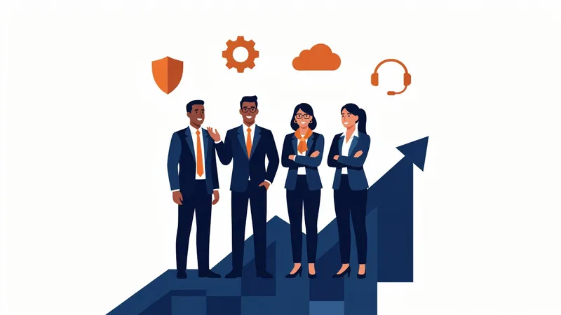 Flat illustration of a business team ascending a path with IT service icons above them