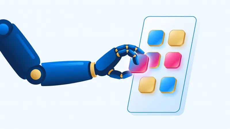 Build business apps with AI, robotic arm assembling an app interface