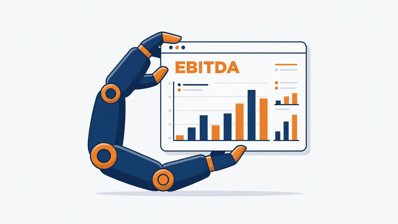 Building an EBITDA dashboard with AI, a robotic arm assembling a browser window with a rising bar chart