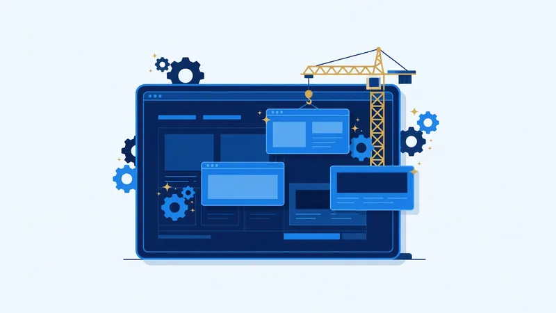 Build your business website with AI, browser page under construction with a crane