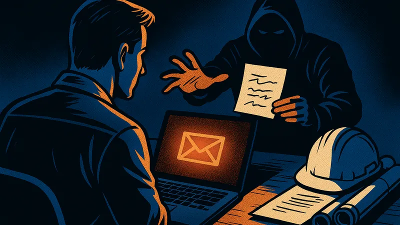 Comic art of a construction office manager at a laptop as a shadowy hooded figure holds out an invoice, hard hat and blueprints on the desk
