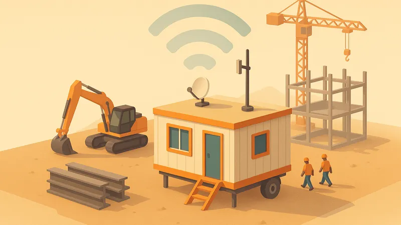 Isometric illustration of a jobsite trailer with a cellular antenna and satellite dish on the roof and Wi-Fi signals above, crane and framed building behind