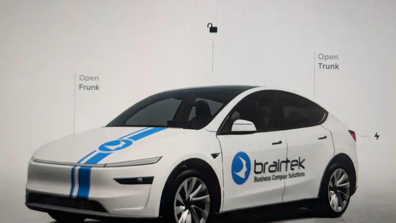 Braintek branded custom wrap on a Tesla Model Y touchscreen avatar