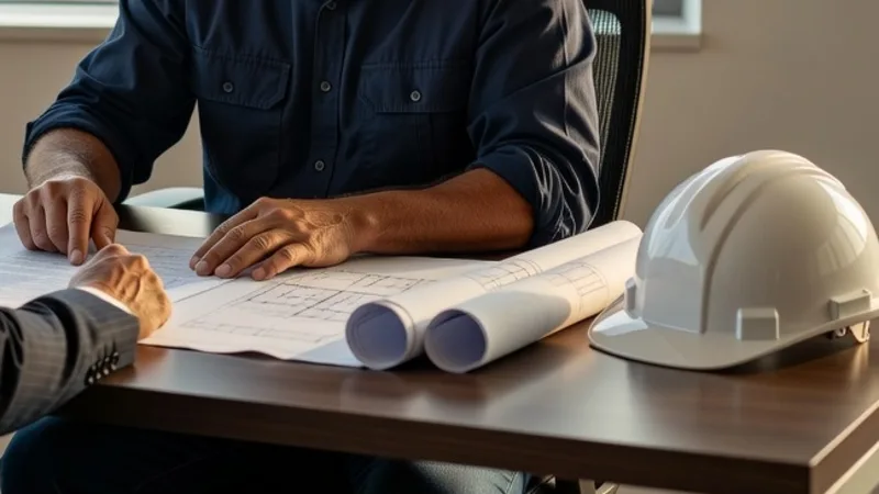 A construction company owner and an insurance broker review a printed application at a desk beside a white hard hat and rolled blueprints