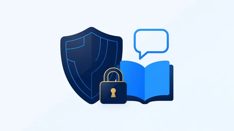 Cybersecurity terms in plain English, shield and padlock beside an open book