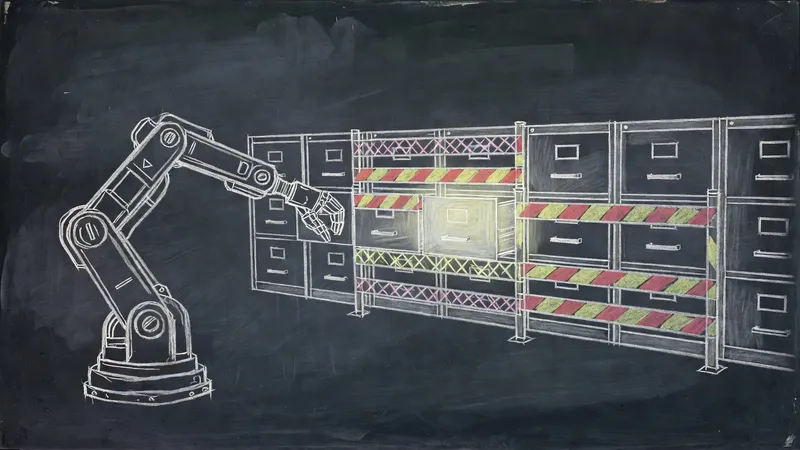 Chalkboard drawing of a robotic arm reaching toward filing cabinets guarded by chalk warning fences
