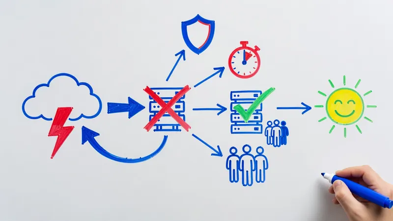 Whiteboard marker sketch of a disaster recovery flow from storm cloud to restored server and recovery team