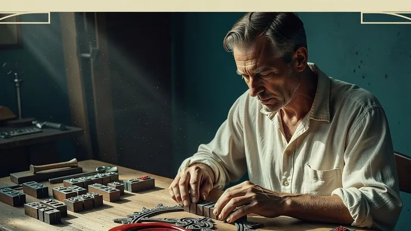 Vintage illustration of a craftsman composing an ornamental seal emblem from stamp blocks