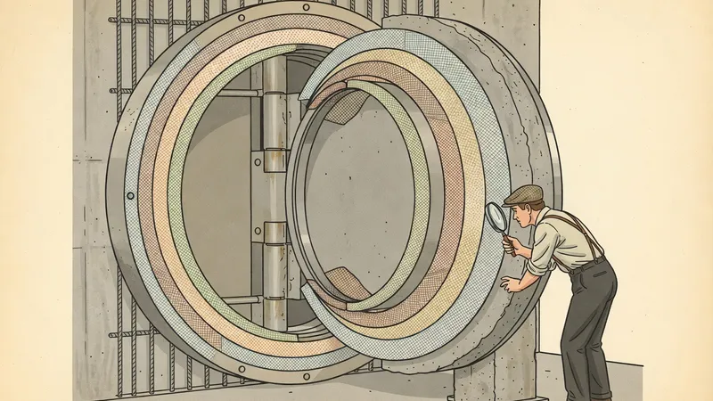 Vintage technical cutaway illustration of a bank vault door opened to reveal seven concentric protective layers, inspected through a magnifying glass
