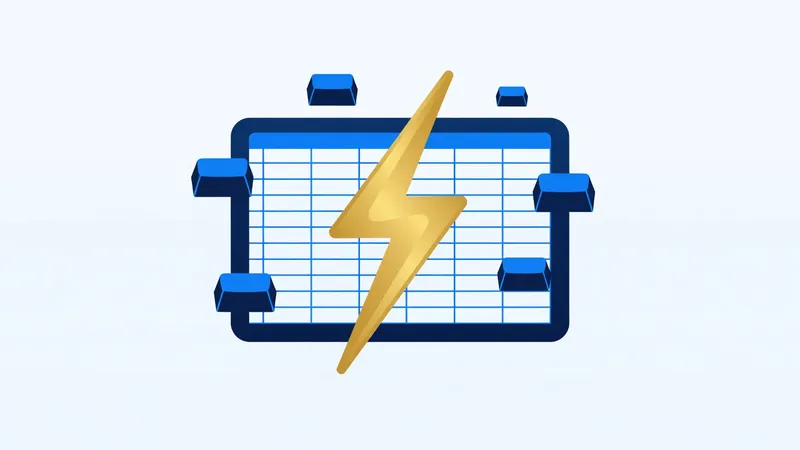 Excel keyboard shortcuts cheat sheet illustration, spreadsheet grid with shortcut keys and lightning bolt