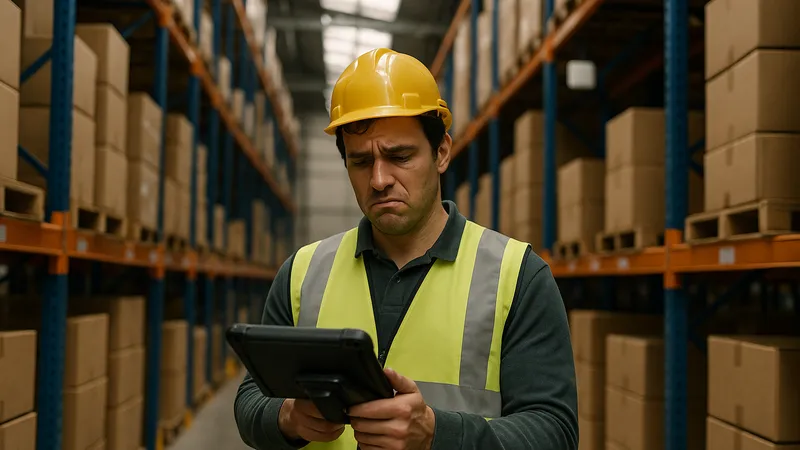 A warehouse worker in a safety vest checks a rugged scanner in a racking aisle with a wireless access point mounted on a beam above