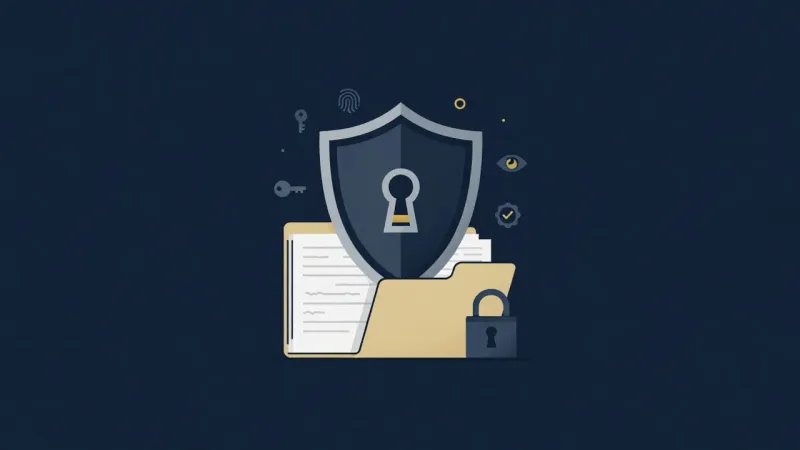 Minimalist flat illustration of a shield with a keyhole guarding a folder of financial documents with padlock and fingerprint icons