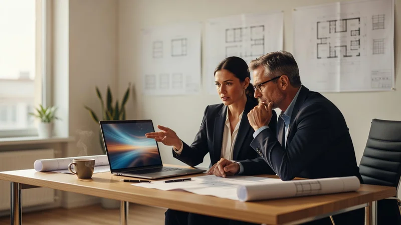 Two construction company professionals discuss an IT decision at a desk with blueprints on the wall