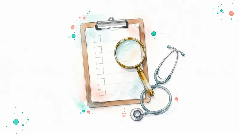 Watercolor of a clipboard checklist with empty checkboxes under a magnifying glass beside a stethoscope