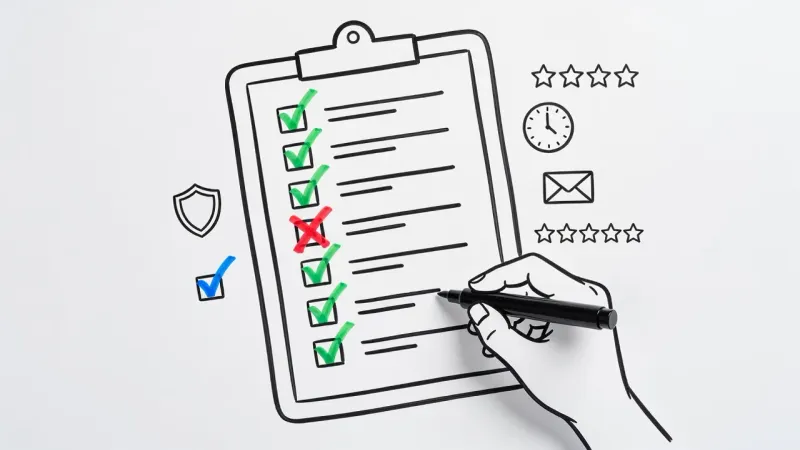 Whiteboard marker sketch of a clipboard checklist with green checkmarks and one red X surrounded by shield, clock, and star doodles