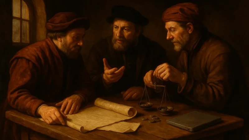 Renaissance style painting of three merchants at a wooden table weighing options with a balance scale and scrolls beside a closed laptop