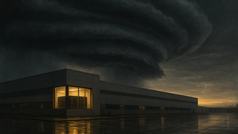 Dramatic painting of a manufacturing facility at dusk under an approaching storm with one corner office glowing warmly