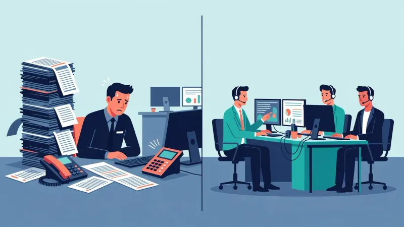 Flat vector split scene of a lone overwhelmed IT technician beside a calm three person support team with headsets