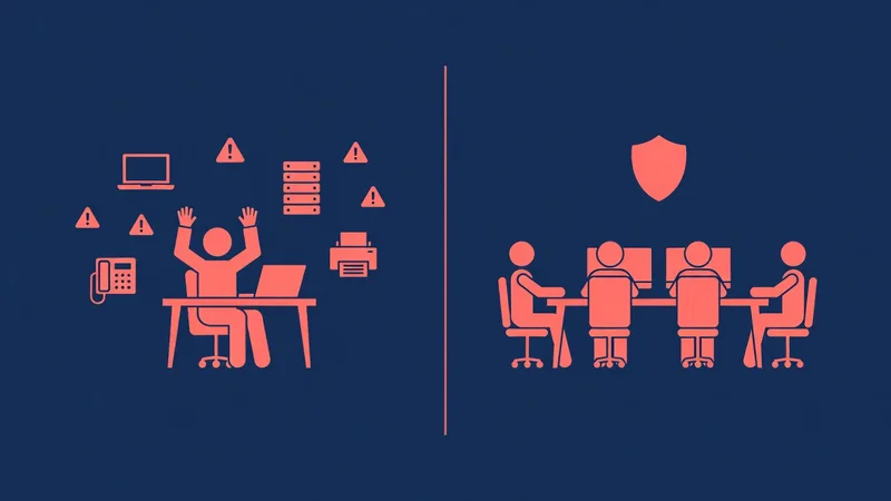 Flat illustration split scene of one overwhelmed IT technician juggling devices beside a calm four-person support team