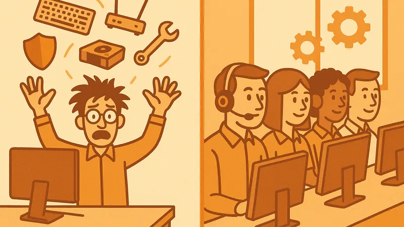 Split cartoon of a lone frazzled IT technician juggling equipment beside a calm four person support team at a help desk