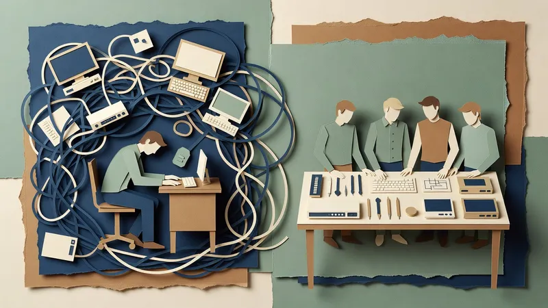 Cut-paper collage contrasting one overwhelmed IT person tangled in cables with a calm four-person support team