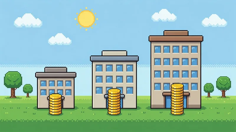 Pixel art of three office buildings of increasing size, each with a taller stack of gold coins in front