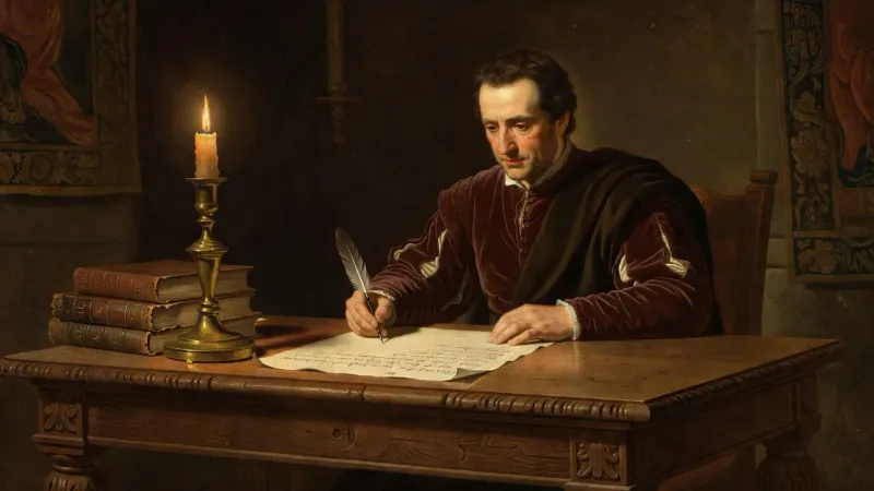 Renaissance style oil painting of an accountant signing a parchment contract with a quill by candlelight