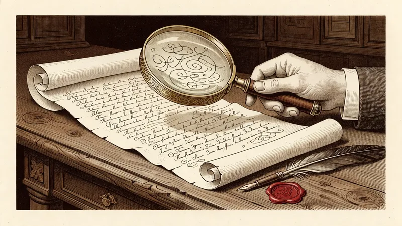 Vintage engraving of a hand holding a magnifying glass over an unfurled parchment contract